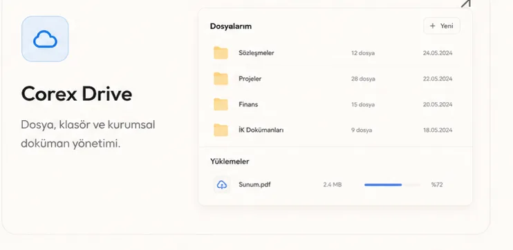 Corex Drive — Dosya, klasör ve kurumsal doküman yönetimi.