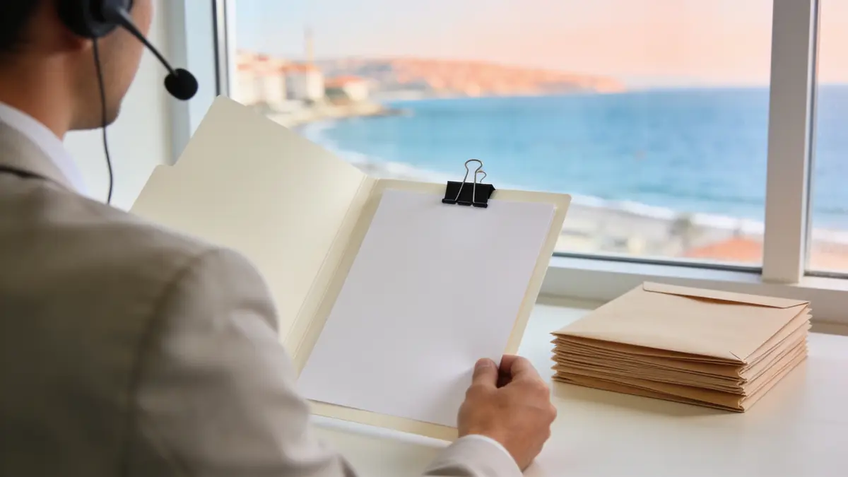 Kulaklıklı bir çalışan deniz manzaralı pencerenin önünde kıskaçlı dosyayı tutuyor; yanında zarf yığını