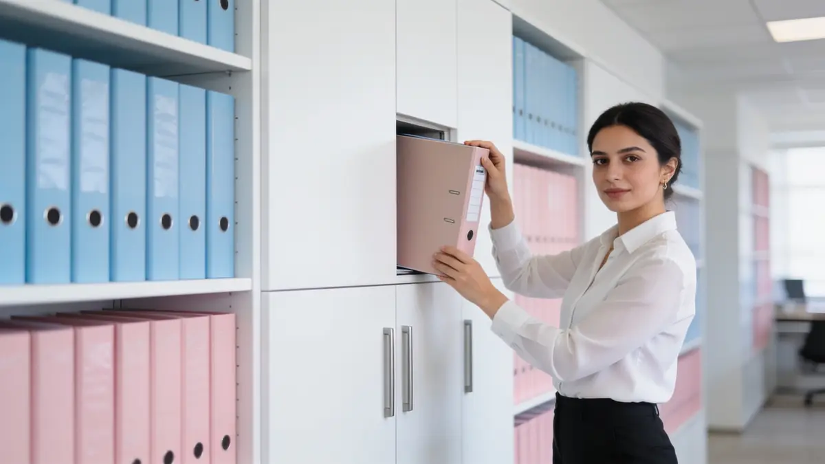 Ofiste mavi ve pembe klasörlerle dolu dolaptan bir klasör çeken bir kadın