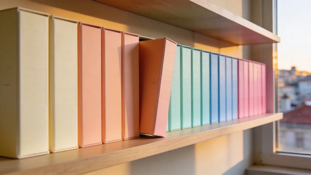 Pencere kenarındaki rafta soldan sağa pastel renklerde sıralanmış etiketsiz arşiv kutuları; biri dışarı çekilmiş