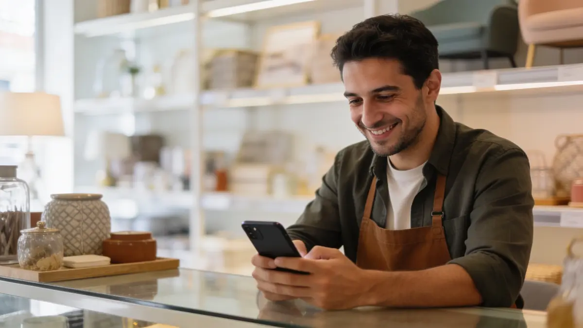 Dükkân tezgâhının arkasında telefonuna gülümseyerek bakan önlüklü bir adam